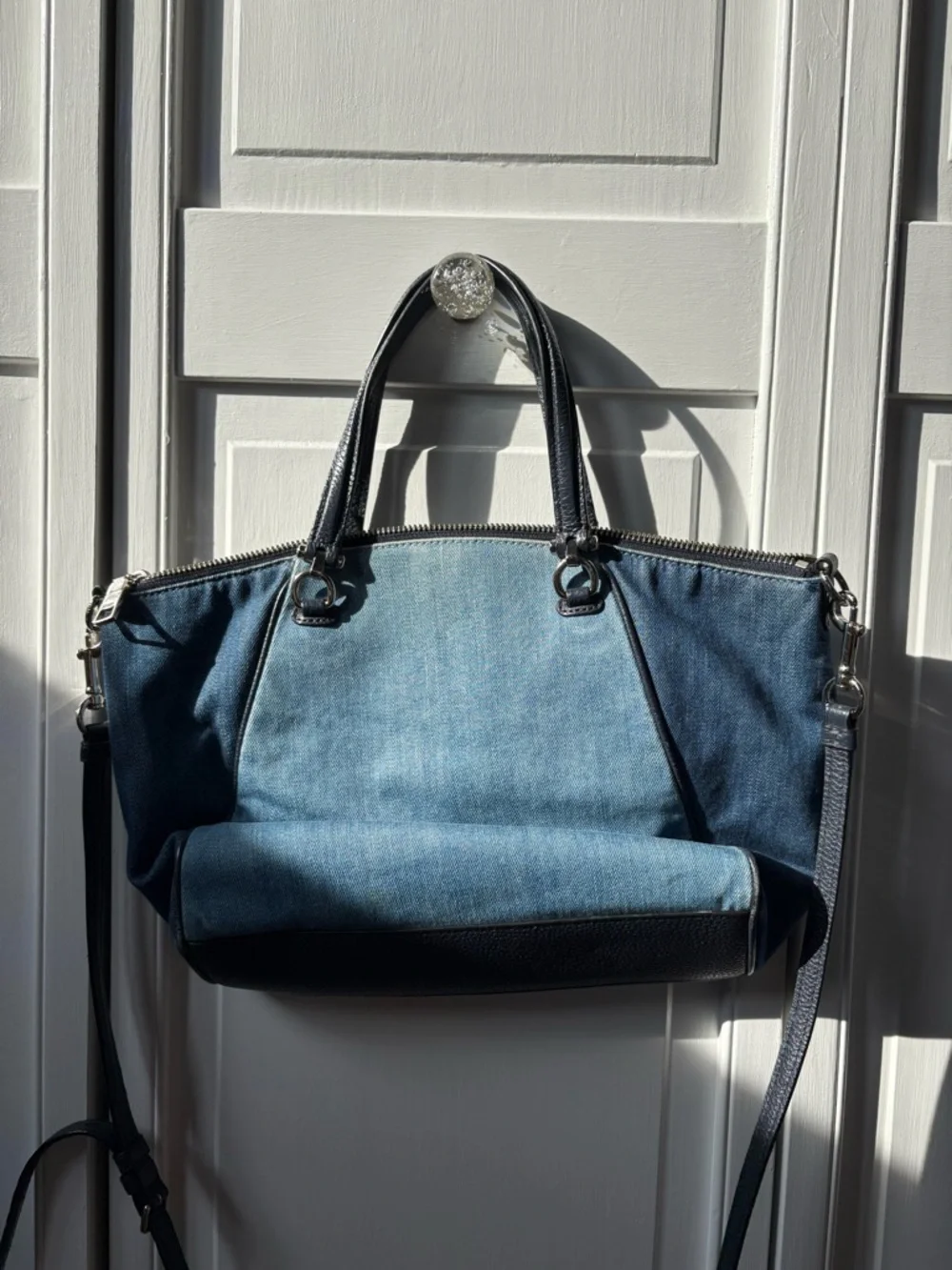 Coach Two-Tone Blue Denim Tote with Black Leather Trim - Picture 3 of 6